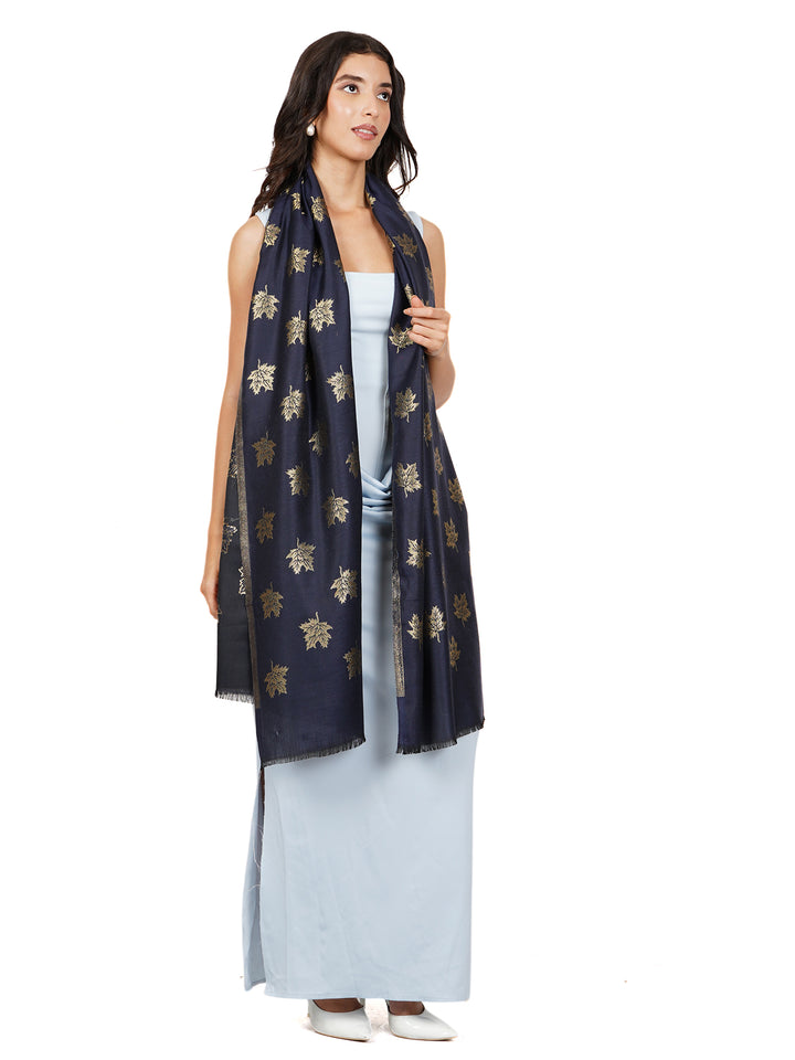 Navy Blue Maple Leaf Modal Wool Stole - 535