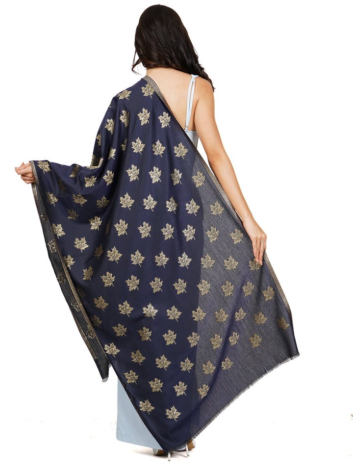 Navy Blue Maple Leaf Modal Wool Stole - 535