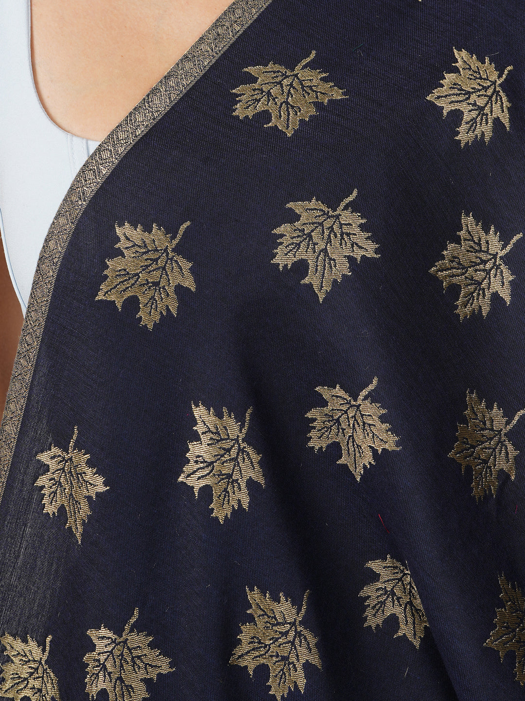 Navy Blue Maple Leaf Modal Wool Stole - 535