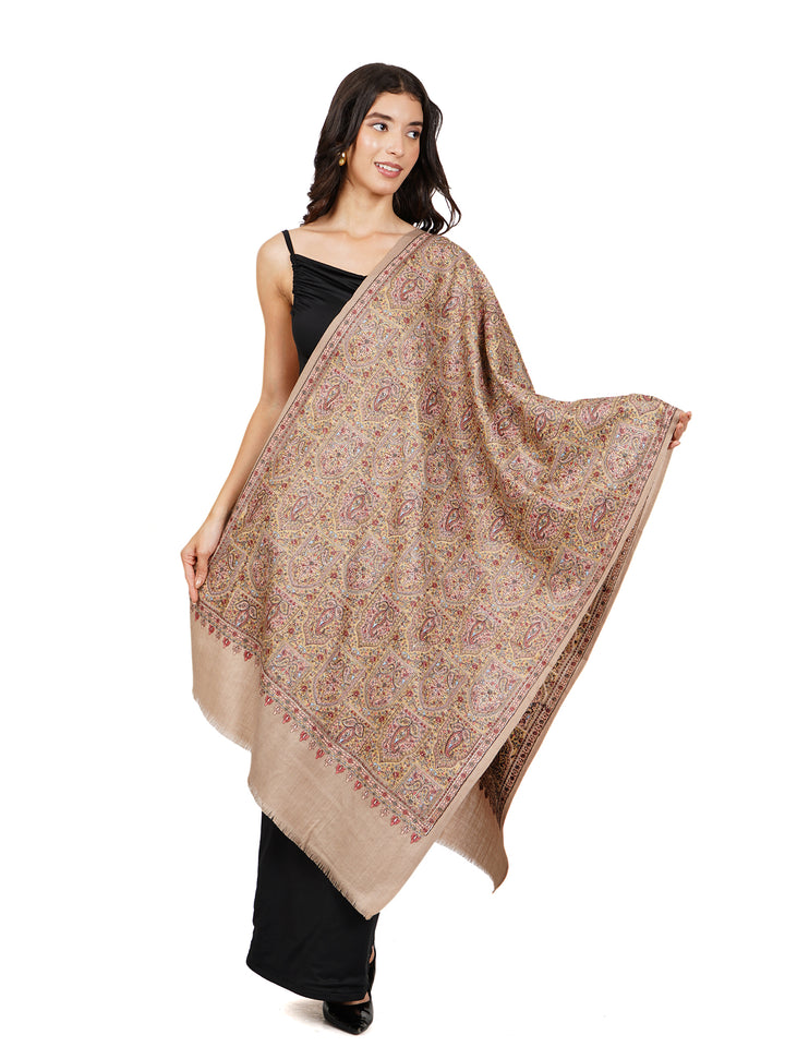 Beige Multicolor Kani Sozni Embroidered 100% Fine Wool Stole - 539