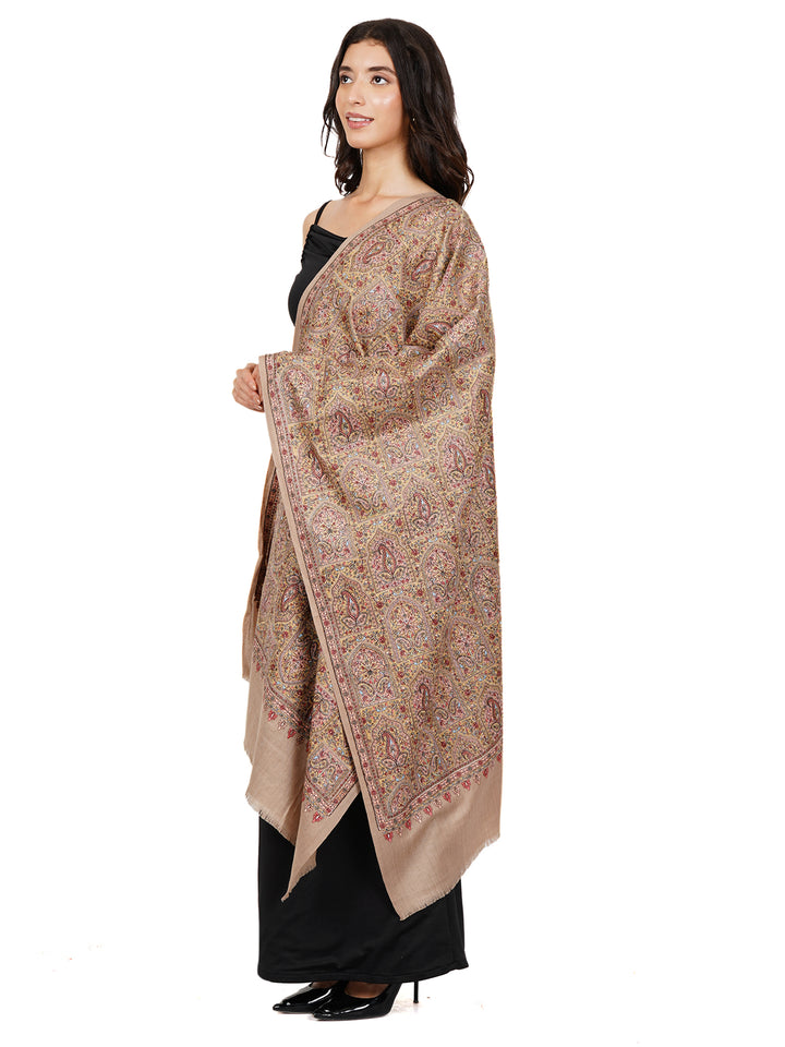 Beige Multicolor Kani Sozni Embroidered 100% Fine Wool Stole - 539