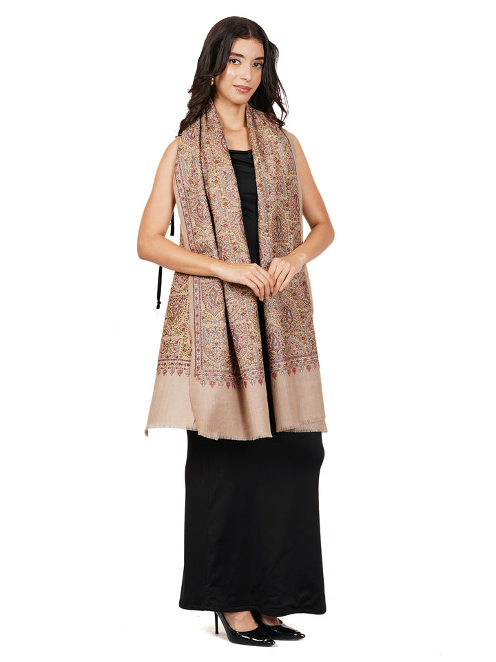 Beige Multicolor Kani Sozni Embroidered 100% Fine Wool Stole - 539