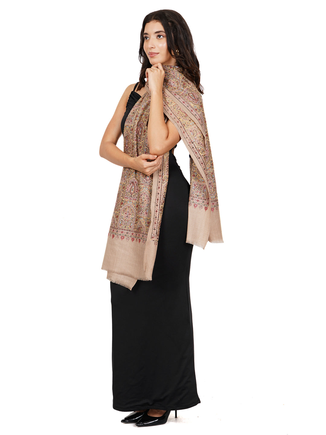 Beige Multicolor Kani Sozni Embroidered 100% Fine Wool Stole - 539