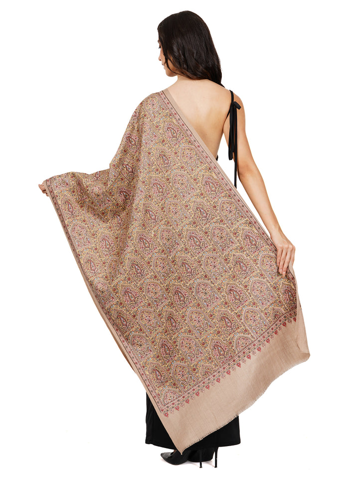 Beige Multicolor Kani Sozni Embroidered 100% Fine Wool Stole - 539