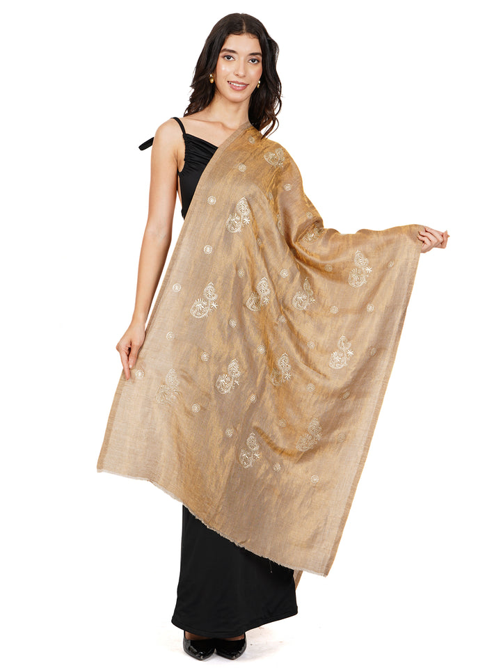 Orange Gold Shimmer Leaf Embroidery 100% Fine Wool Stole - 541