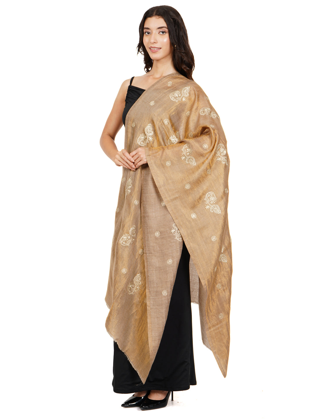Orange Gold Shimmer Leaf Embroidery 100% Fine Wool Stole - 541