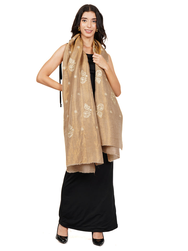 Orange Gold Shimmer Leaf Embroidery 100% Fine Wool Stole - 541