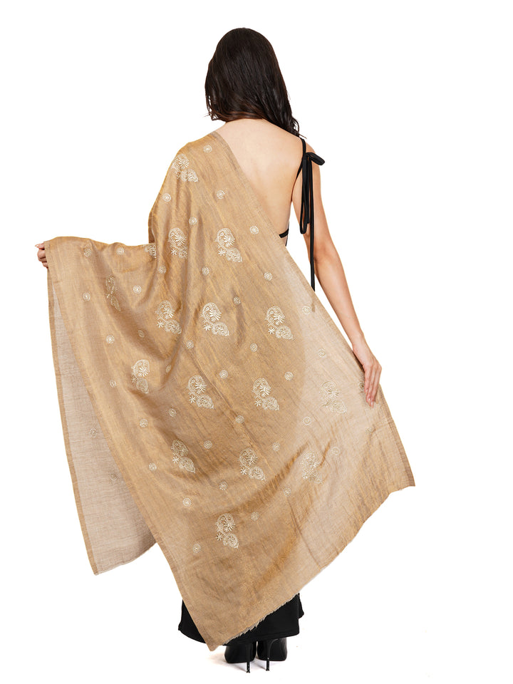 Orange Gold Shimmer Leaf Embroidery 100% Fine Wool Stole - 541