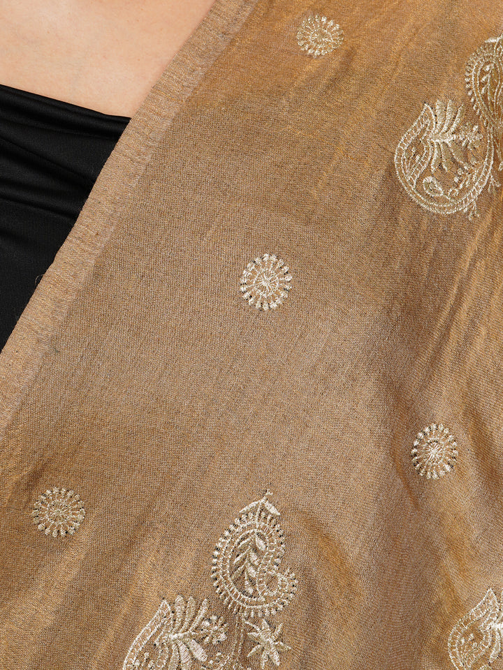 Orange Gold Shimmer Leaf Embroidery 100% Fine Wool Stole - 541