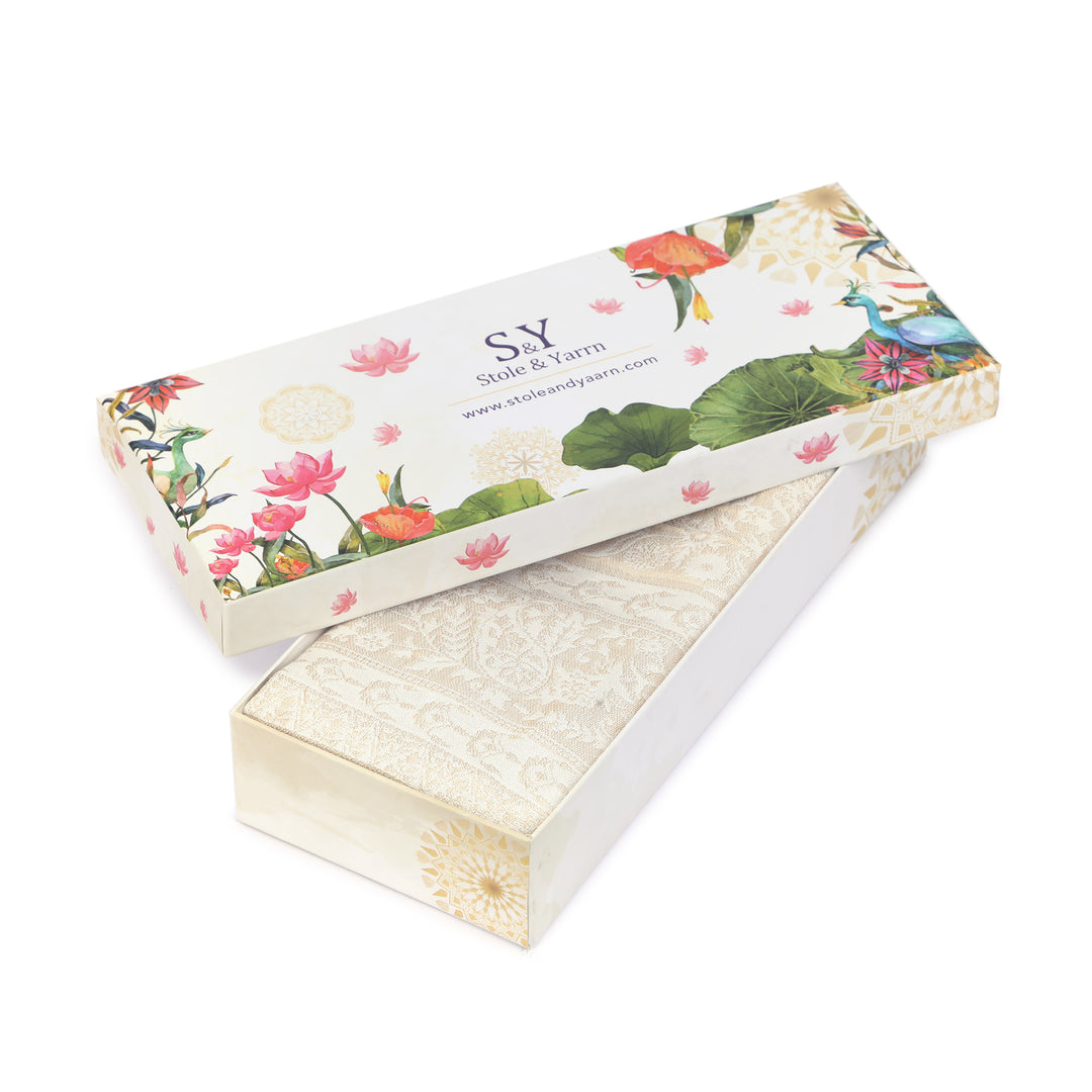 Ivory Floral Embroidery 100% Fine Wool Stole - 423