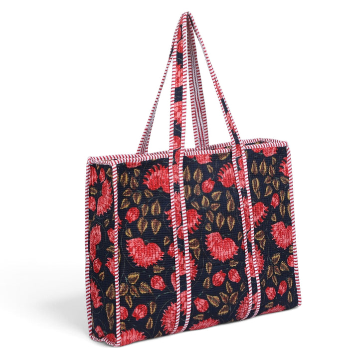 Quilted Hand-Block Printed Tote Bag — Navy Red Floral- 100