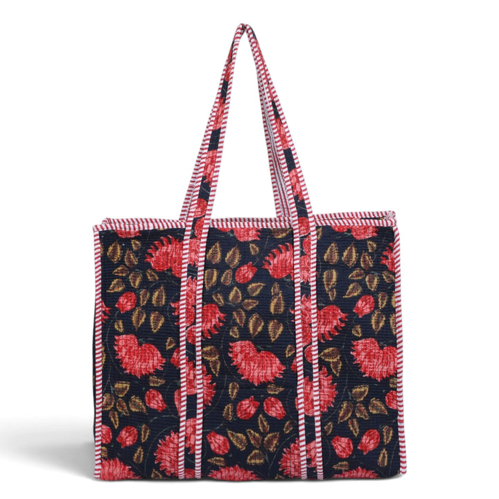 Quilted Hand-Block Printed Tote Bag — Navy Red Floral- 100