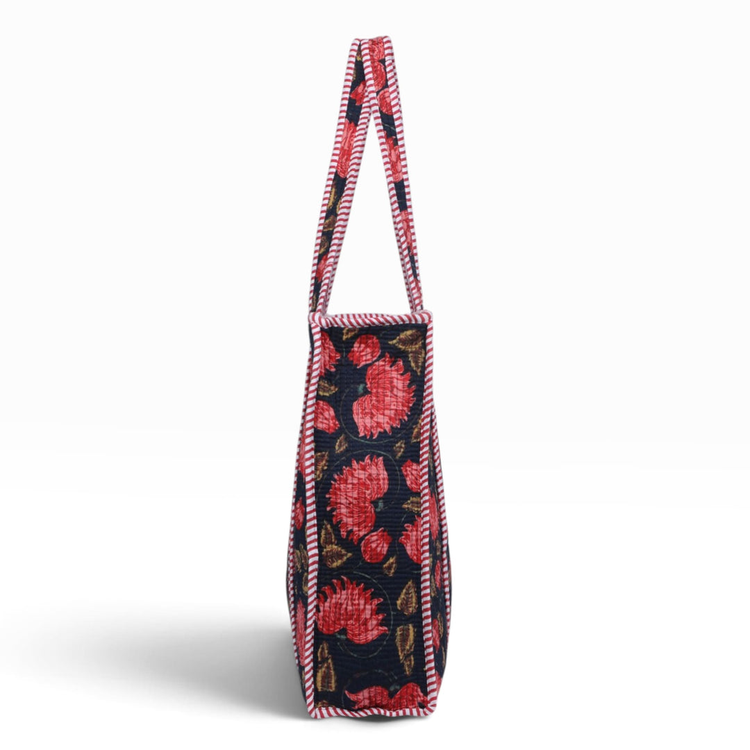 Quilted Hand-Block Printed Tote Bag — Navy Red Floral- 100