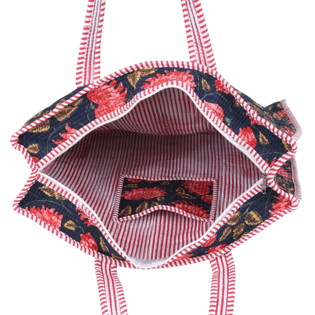 Quilted Hand-Block Printed Tote Bag — Navy Red Floral- 100