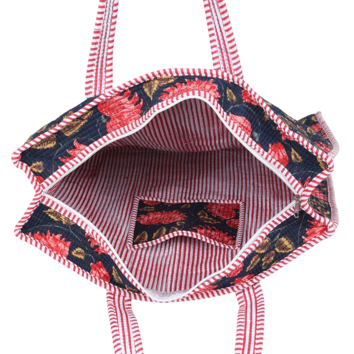 Quilted Hand-Block Printed Tote Bag — Navy Red Floral- 100