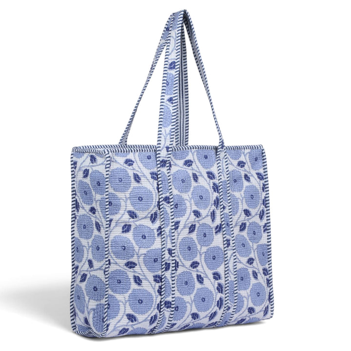 Quilted Hand-Block Printed Tote Bag — Sky Blue Floral- 101