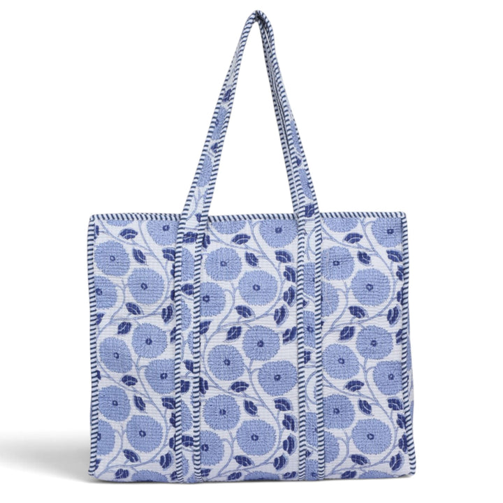 Quilted Hand-Block Printed Tote Bag — Sky Blue Floral- 101
