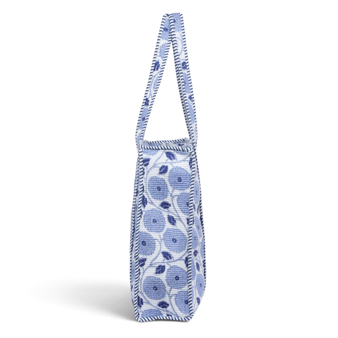 Quilted Hand-Block Printed Tote Bag — Sky Blue Floral- 101