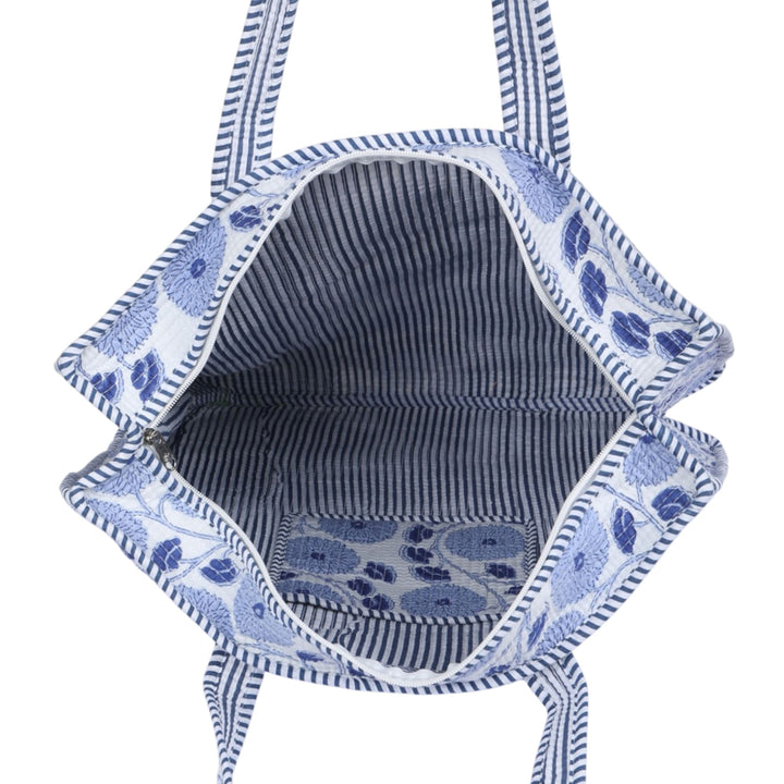 Quilted Hand-Block Printed Tote Bag — Sky Blue Floral- 101