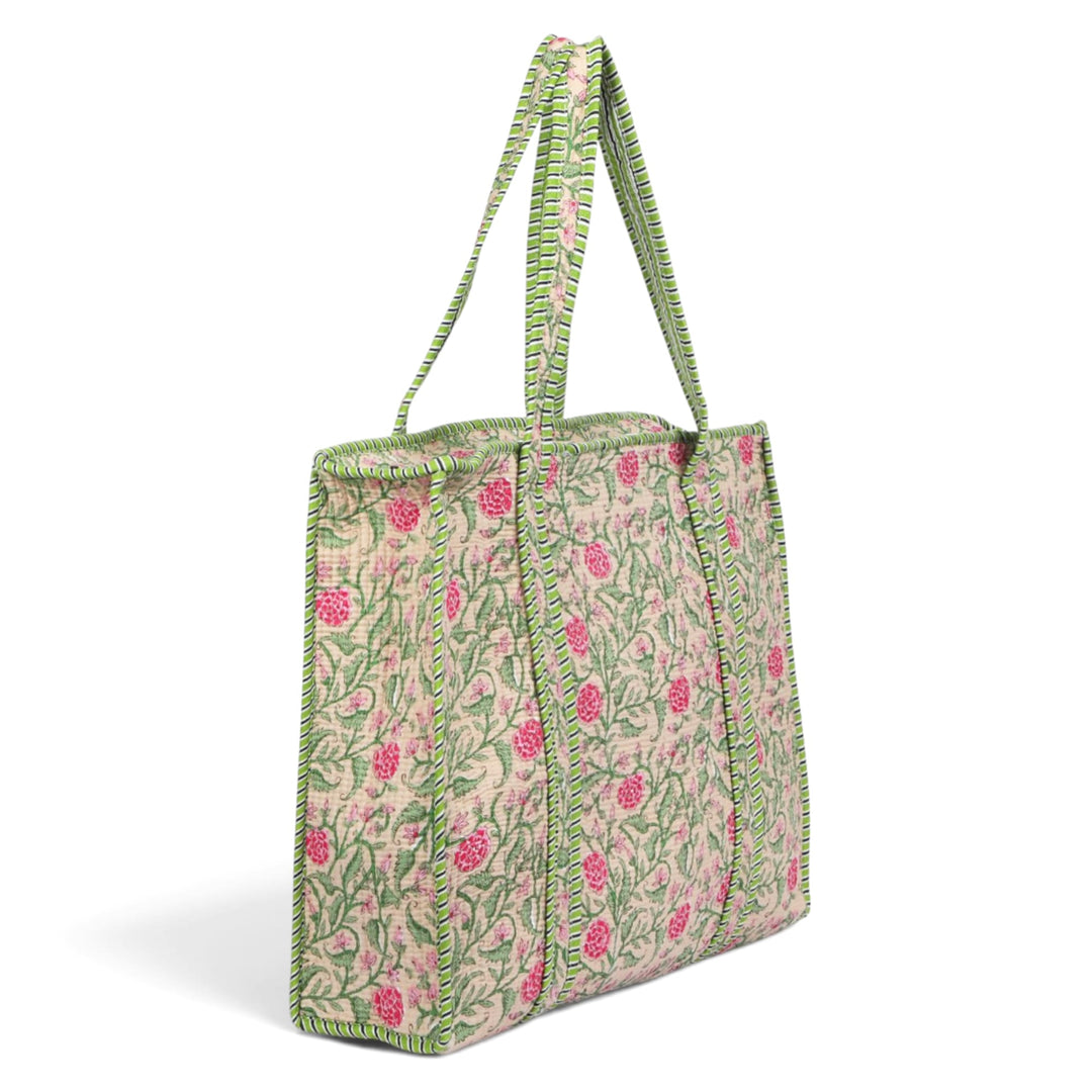 Quilted Hand-Block Printed Tote Bag — Beige Green Floral- 102