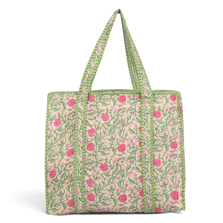 Quilted Hand-Block Printed Tote Bag — Beige Green Floral- 102