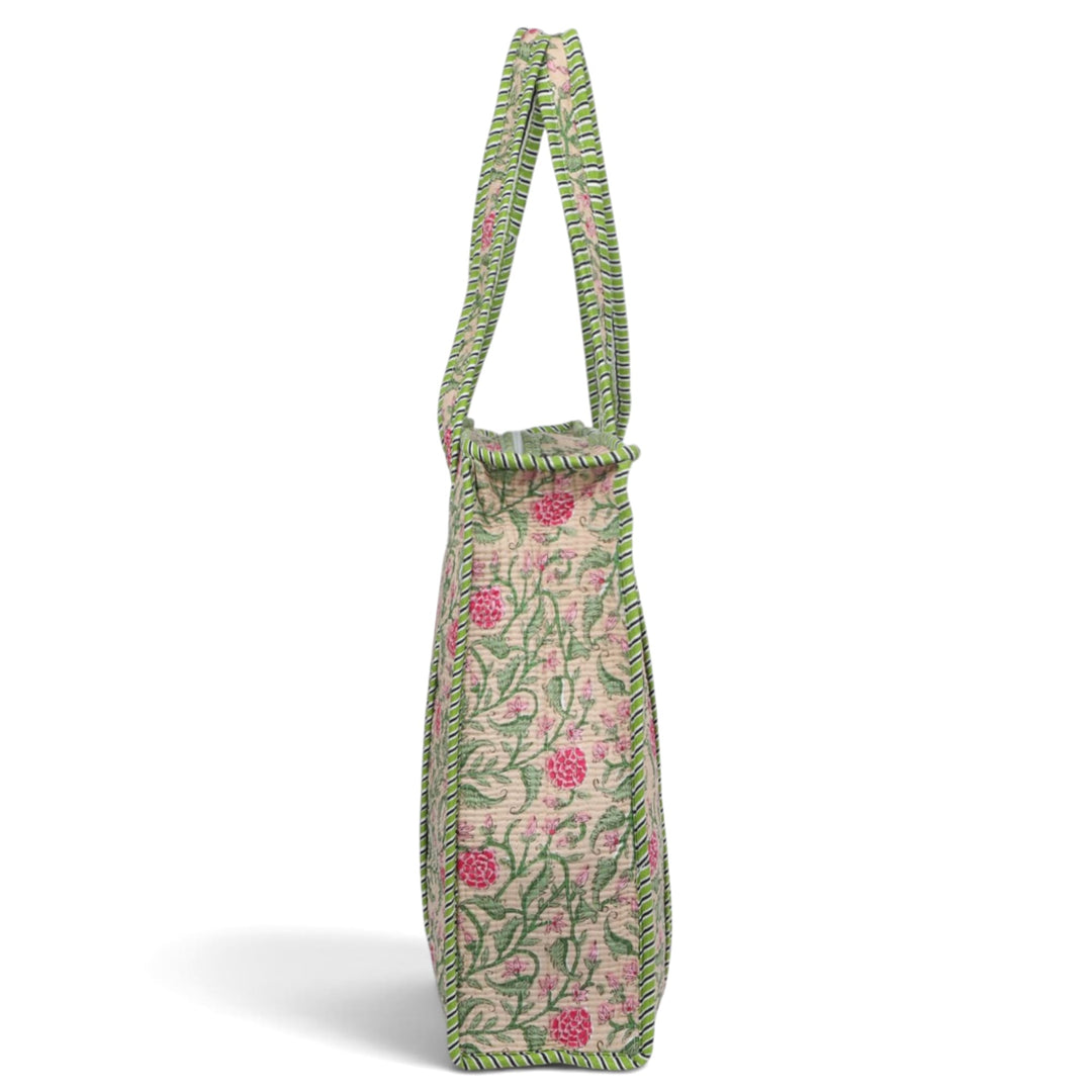 Quilted Hand-Block Printed Tote Bag — Beige Green Floral- 102
