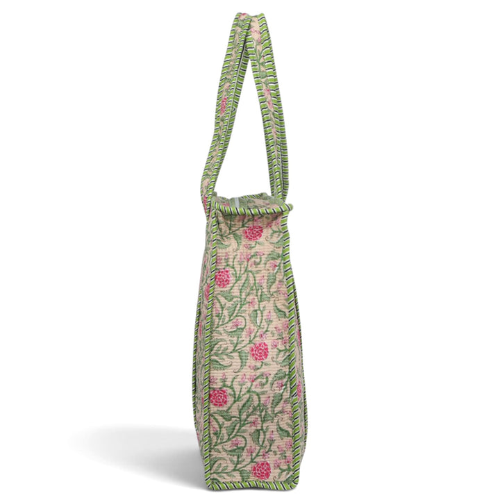 Quilted Hand-Block Printed Tote Bag — Beige Green Floral- 102
