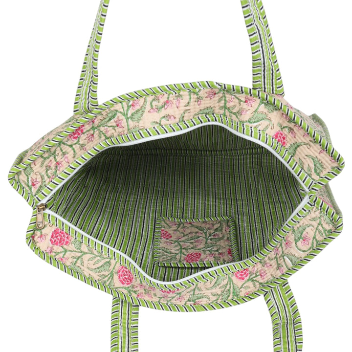 Quilted Hand-Block Printed Tote Bag — Beige Green Floral- 102