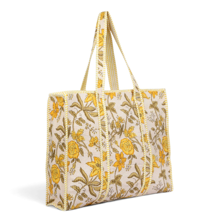 Quilted Hand-Block Printed Tote Bag — Ivory Yellow Floral- 103