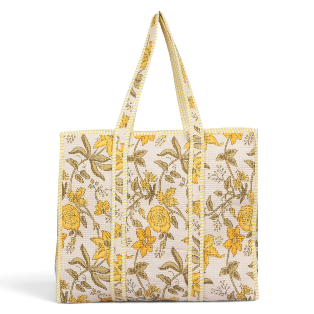 Quilted Hand-Block Printed Tote Bag — Ivory Yellow Floral- 103