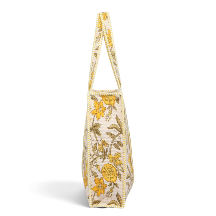 Quilted Hand-Block Printed Tote Bag — Ivory Yellow Floral- 103