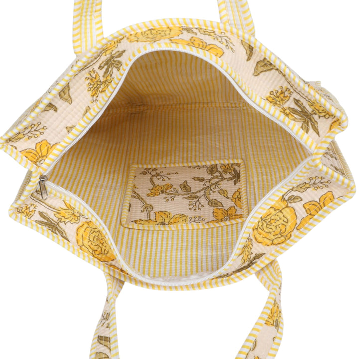 Quilted Hand-Block Printed Tote Bag — Ivory Yellow Floral- 103