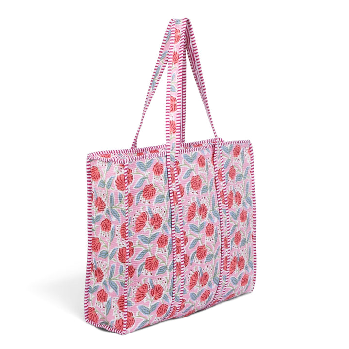 Quilted Hand-Block Printed Tote Bag — Pink Red Floral- 104