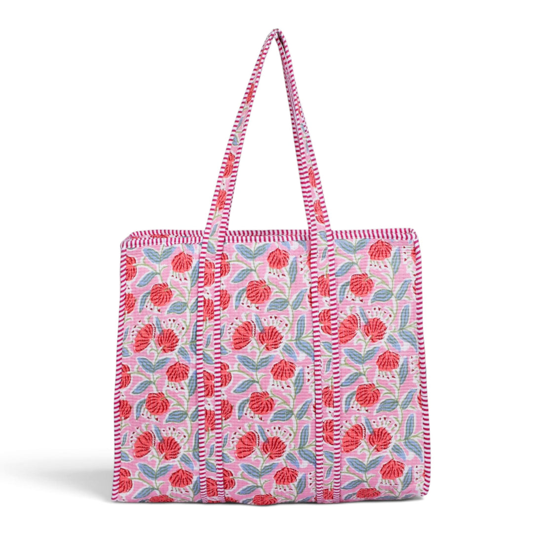 Quilted Hand-Block Printed Tote Bag — Pink Red Floral- 104