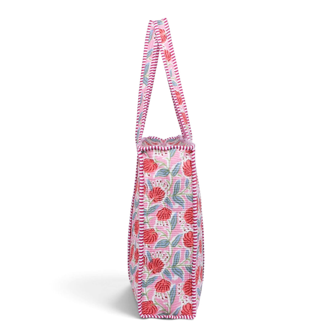Quilted Hand-Block Printed Tote Bag — Pink Red Floral- 104