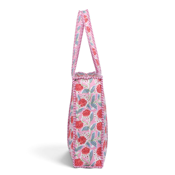 Quilted Hand-Block Printed Tote Bag — Pink Red Floral- 104
