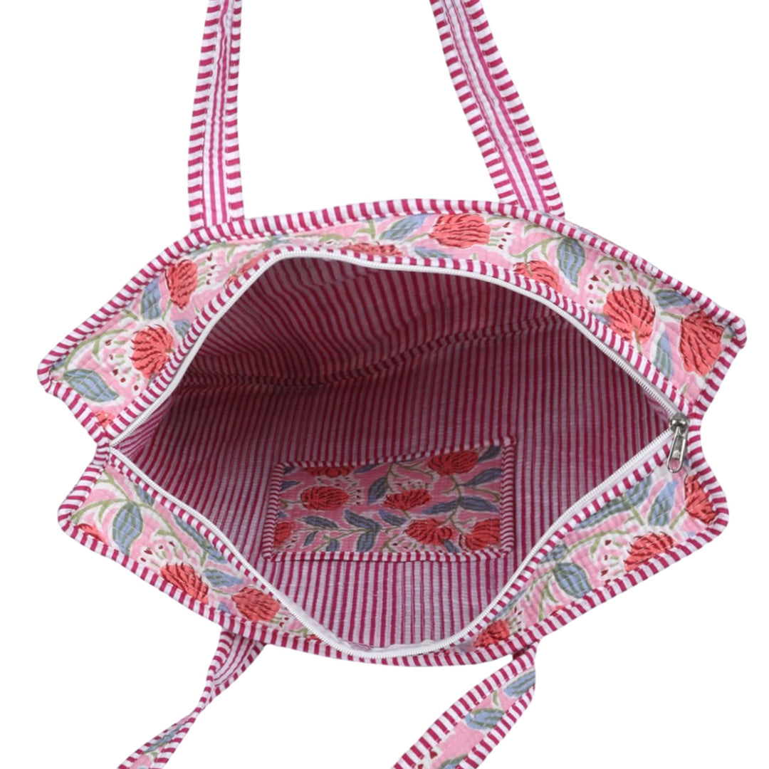 Quilted Hand-Block Printed Tote Bag — Pink Red Floral- 104