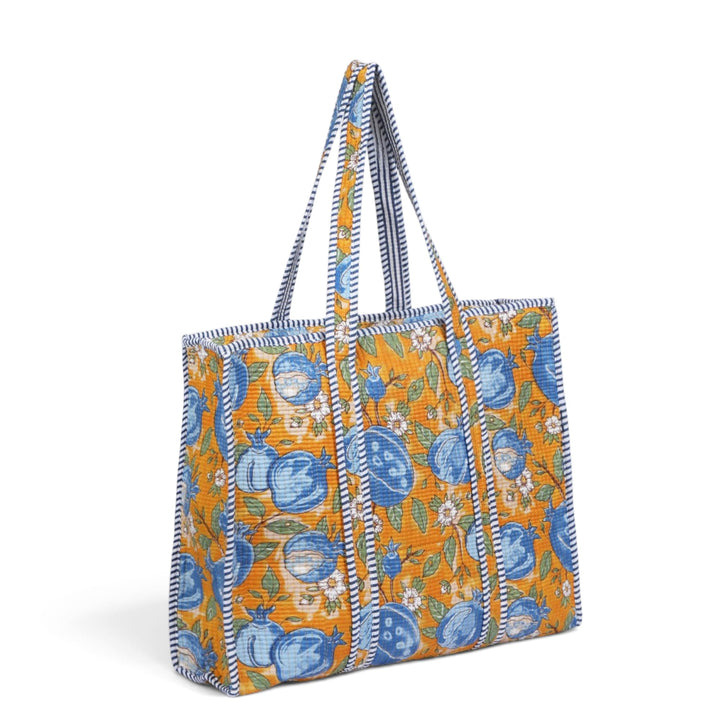 Quilted Hand-Block Printed Tote Bag — Mustard Blue Pomegranate- 105