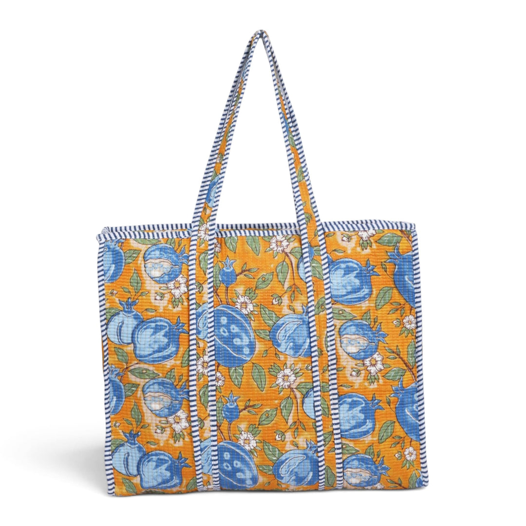 Quilted Hand-Block Printed Tote Bag — Mustard Blue Pomegranate- 105