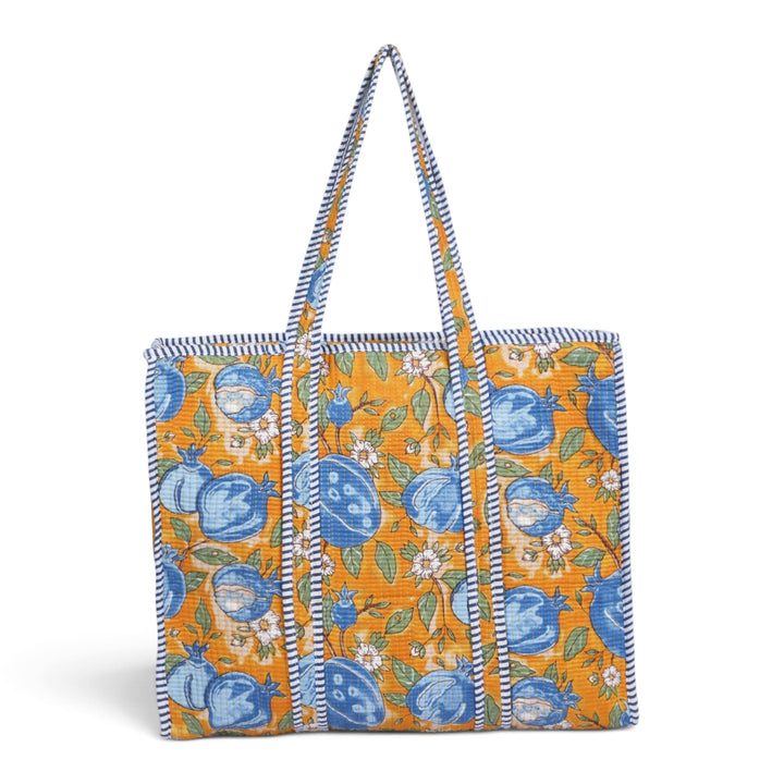 Quilted Hand-Block Printed Tote Bag — Mustard Blue Pomegranate- 105