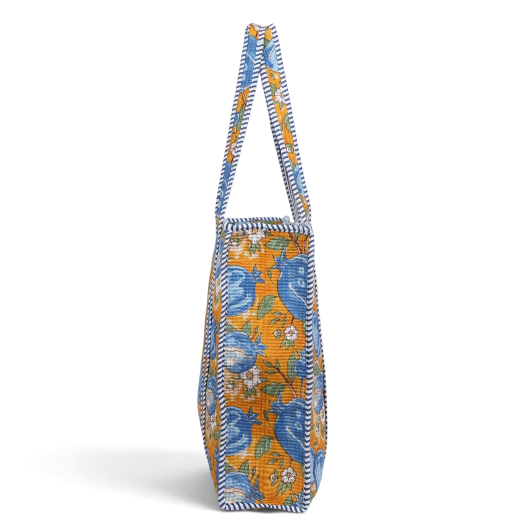Quilted Hand-Block Printed Tote Bag — Mustard Blue Pomegranate- 105