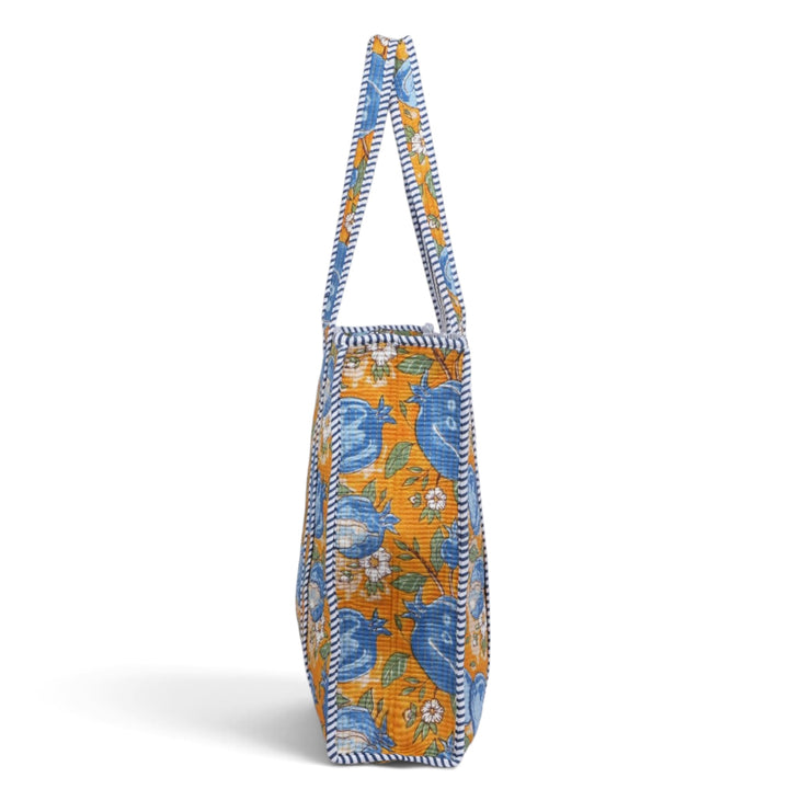 Quilted Hand-Block Printed Tote Bag — Mustard Blue Pomegranate- 105