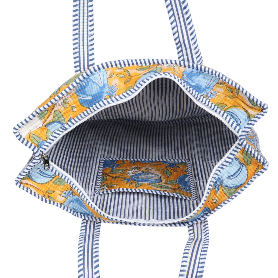 Quilted Hand-Block Printed Tote Bag — Mustard Blue Pomegranate- 105