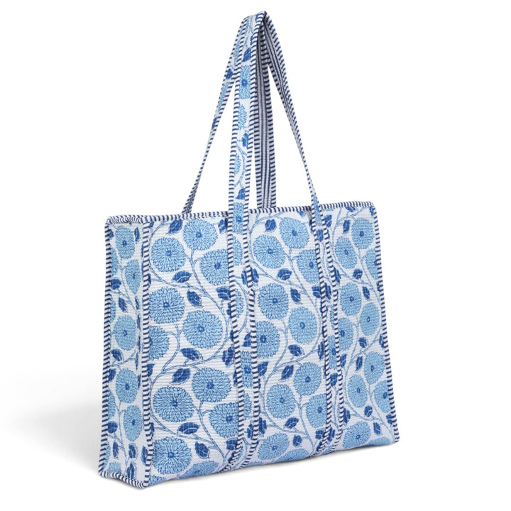 Quilted Hand-Block Printed Tote Bag — Blue White Dahlia- 106