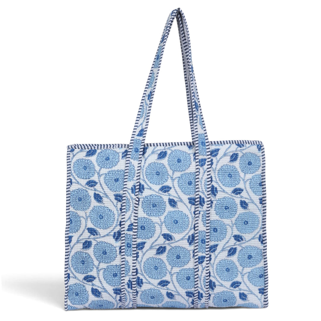 Quilted Hand-Block Printed Tote Bag — Blue White Dahlia- 106
