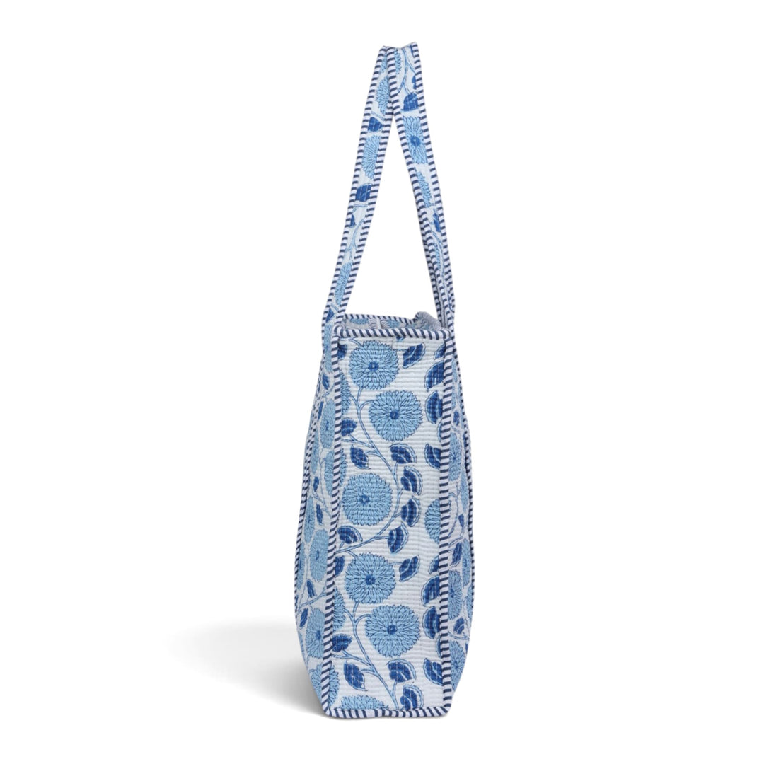 Quilted Hand-Block Printed Tote Bag — Blue White Dahlia- 106