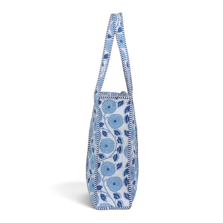 Quilted Hand-Block Printed Tote Bag — Blue White Dahlia- 106
