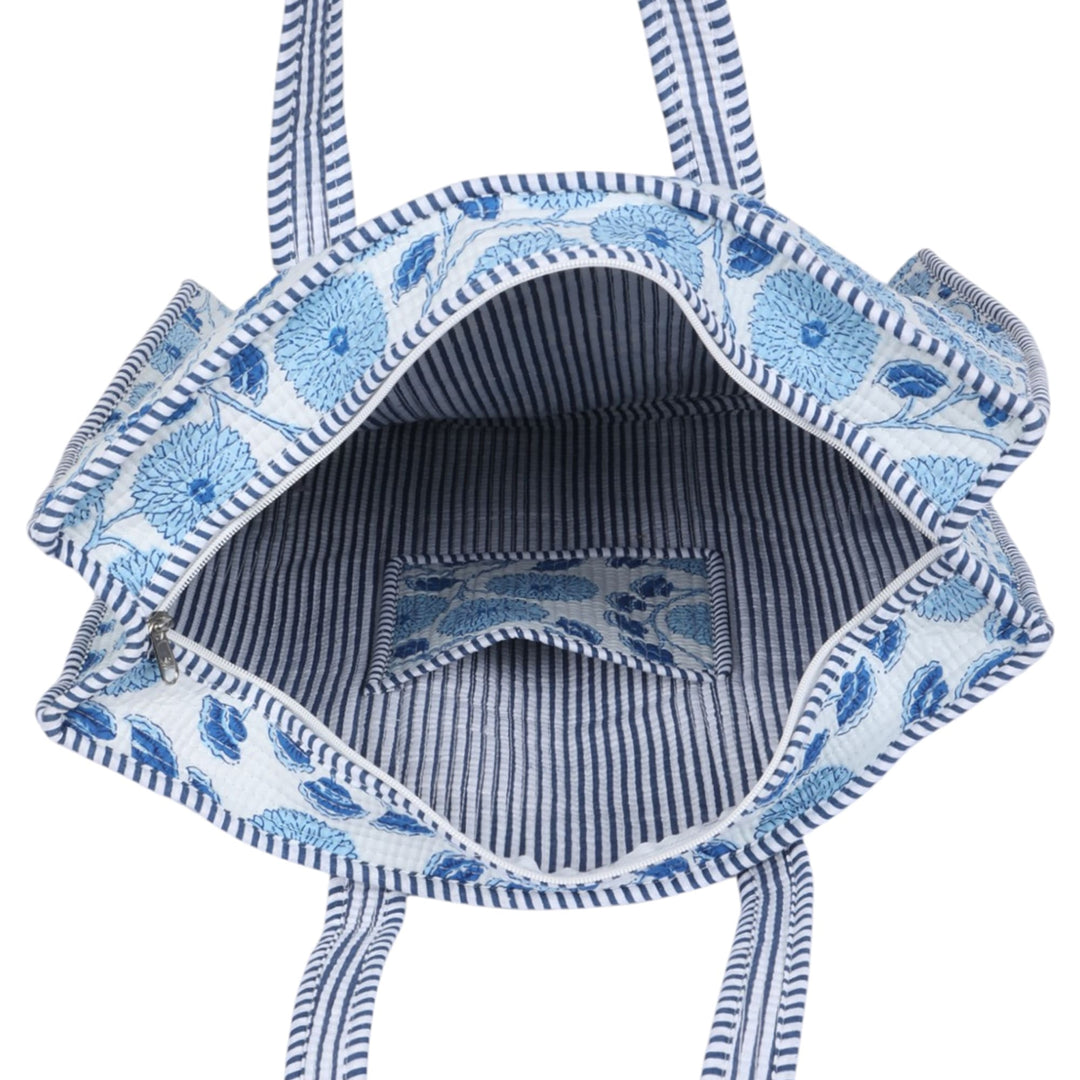 Quilted Hand-Block Printed Tote Bag — Blue White Dahlia- 106