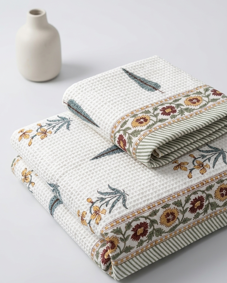 100% COTTON FLORAL WAFFLE TOWEL -  (SET OF 2 SMALL (20 X 30 INCHES) & 1 BIG (60 X 30 INCHES) - 101
