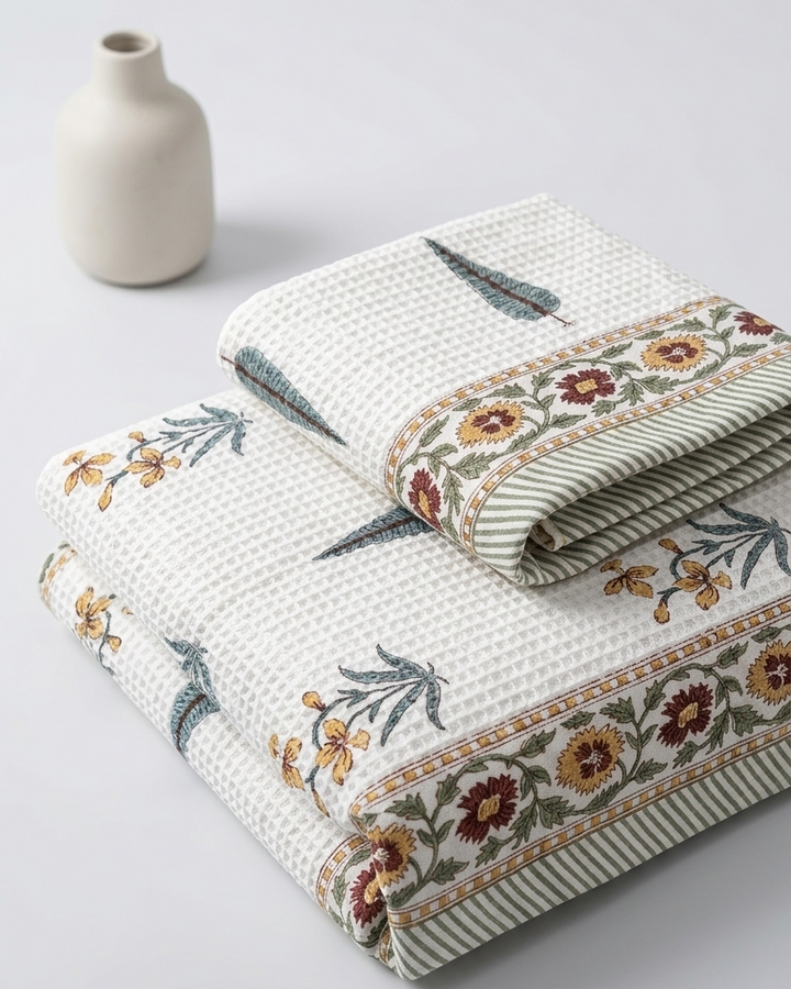 100% COTTON FLORAL WAFFLE TOWEL -  (SET OF 2 SMALL (20 X 30 INCHES) & 1 BIG (60 X 30 INCHES) - 101